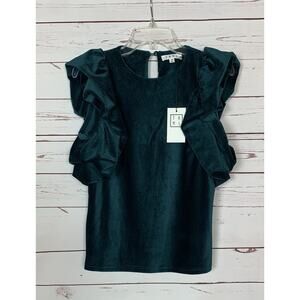 THML anthropologie Women's XS Extra Teal Velvet Velour Ruffle Top NEW With TAGS